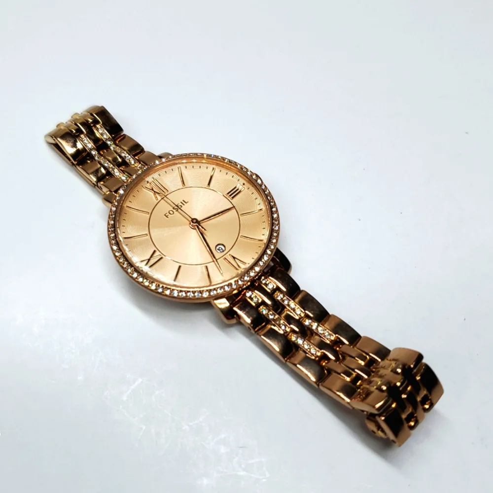 Fossil Watch ES-3546 Rose Gold Wristband Large Face Crystal Bling